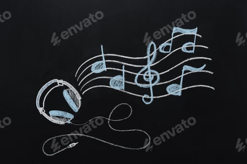 Preview: headphones with wire and musical notes drawn on black chalkboard