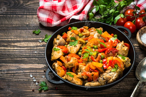 Preview: Chicken Stir fry with vegetables on wooden table