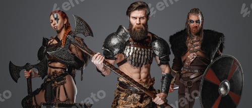 Preview: Warlike vikings from past isolated on grey background