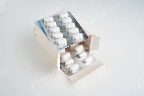 Preview: Open pack of pills on a white background.