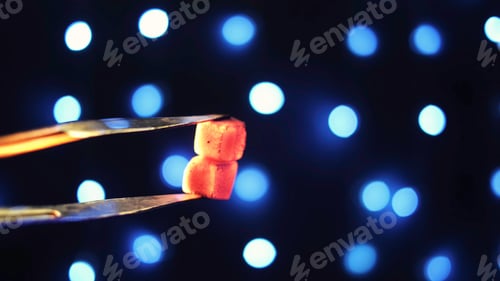 Preview: Close up of metal tongs and charcoal for hookah on black background with blue garland. Media