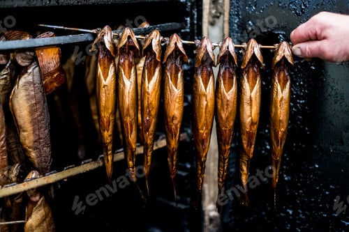 Preview: Close up of person removing rod with freshly smoked whole trout from a smoker.