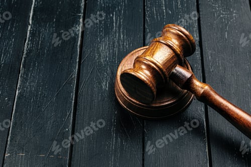 Preview: Judge's gavel on wooden table in dark