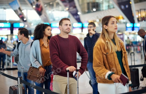 Preview: Travel, queue and wait with man in airport for vacation, international trip and tourism. Holiday, l