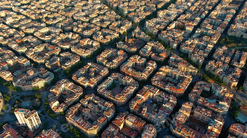 Preview: Overhead View of Barcelona Skyline: Eixample Residential District at Dawn in Catalonia, Spain