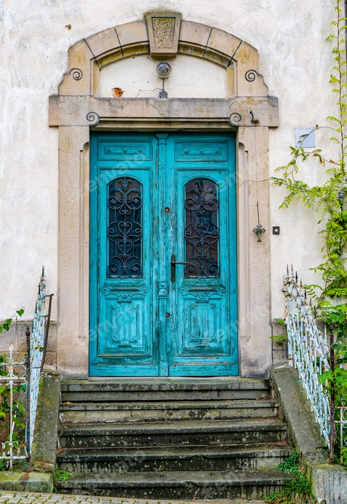 Preview: Blue color door in Art Nouveau style in abandoned house in Silesia, Poland