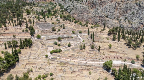 Preview: Aerial bird's eye view photo taken by drone of archaeological site of ancient Delphi.