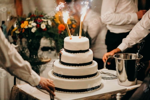 Preview: Waiters serving wedding cake with fireworks.