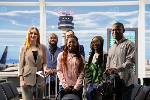 Preview: Portrait of diverse passengers in airport terminal waiting to board plane
