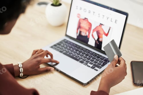 Preview: Woman, hands and laptop with credit card in online shopping, payment or banking on fashion at offic