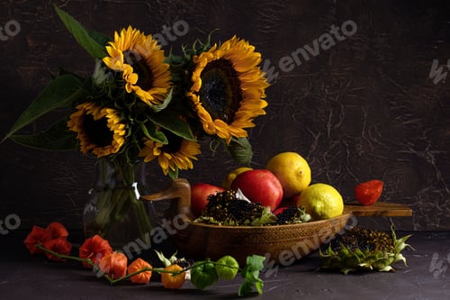 Preview: Still life with a bouquet of sunflowers, a branch of physalis and fresh fruit on the table