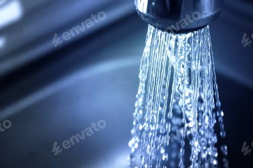 Preview: Concept water saving at home, reducing use. Water supply problems. Water tap with flowing water with