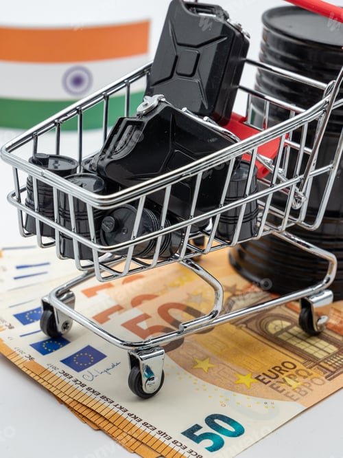 Preview: Shopping cart filled with stacks of oil bottles on Euros