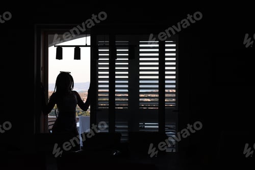 Preview: Silhouetted Woman Standing in Open Doorway Indoors