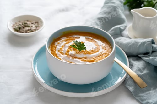 Preview: Pumpkin soup with coconut milk, vegetarian dish, healthy and dieting food on white tablecloth