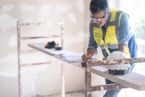 Preview: Specialist in glasses writing notes on project papers stands at construction safety equipment