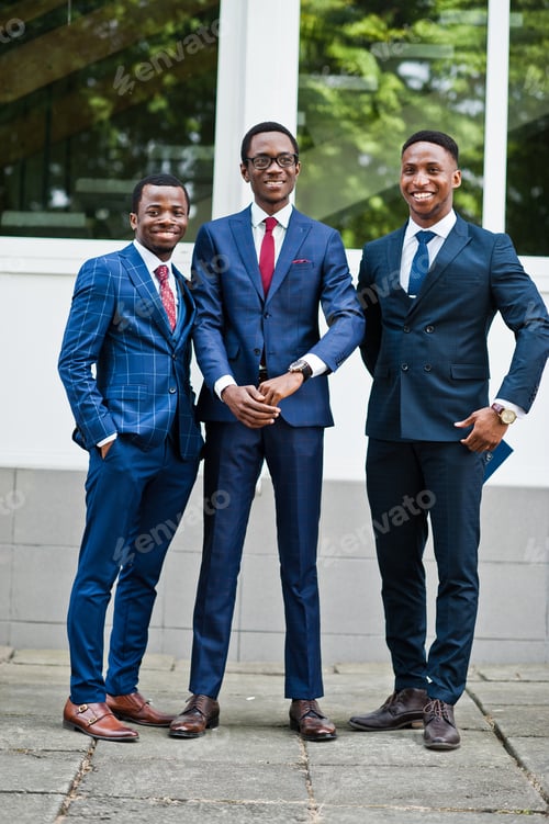 Preview: Three african american happy successful mans at suit.
