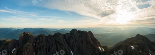 Preview: Aerial Panoramic view of Canadian Mountain Landscape during a vibrant summer sunset