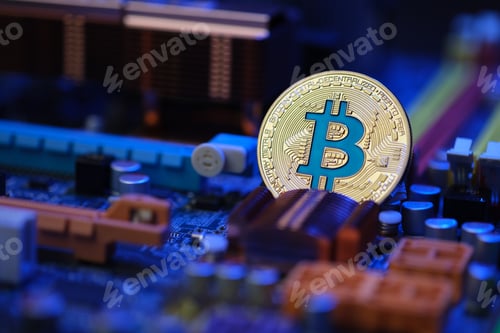 Preview: Bitcoin crypto currency on circuit board .virtual money.blockchain technology.mining concept