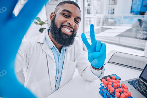 Preview: Scientist, portrait of man and peace for selfie in medical laboratory, research investigation and t