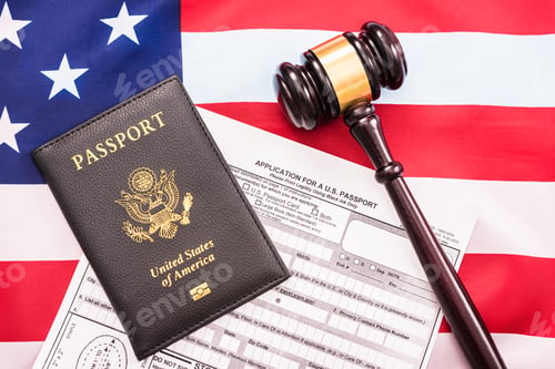 Preview: Application form to get a new American passport, patriotic flag background.