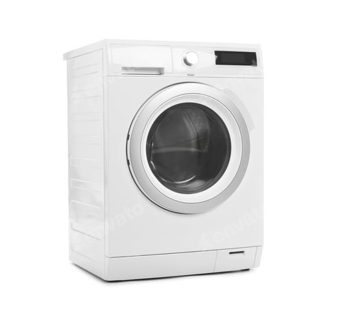 Preview: Modern washing machine on white background. Laundry day
