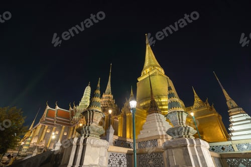 Preview: Golden pagoda at Temple of the Emerald Buddha in Bangkok, Thailand. Wat Phra Kaew and Grand palace