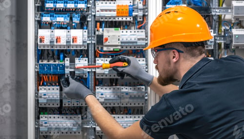 Preview: A male electrician works in a switchboard with an electrical connecting cable.