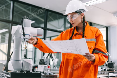 Preview: Industrial female engineers maintenance robot arm in factory.