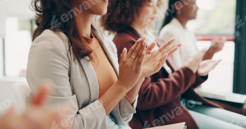 Preview: Business, women and smile in row with applause at office for success, congratulations and achieveme