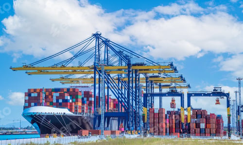 Preview: Cargo ship and truck at seaport waiting for container dock crane shipment harbour loading container