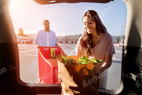 Preview: Woman unpacking groceries, man with cart