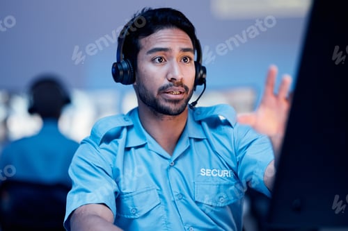 Preview: Security dispatch, computer and man with problem, emergency and monitor CCTV, surveillance or crime