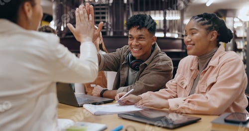 Preview: Students, study group and high five in library from project success and motivation for teamwork. Ed