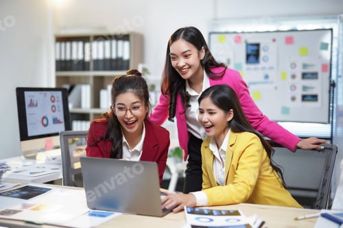 Preview: Excited businesswomen achieving goals, celebrating success in office