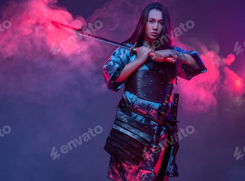 Preview: Tattooed cyberpunk woman samurai with steel sword