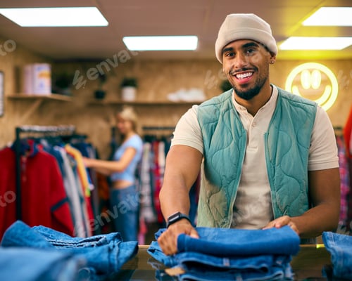 Preview: Portrait Of Male Sales Assistant Or Customer Sorting And Looking At Jeans In Fashion Store