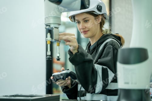 Preview: Professional Development Engineer is testing Robot arm at lab,Technology and innovation concept.