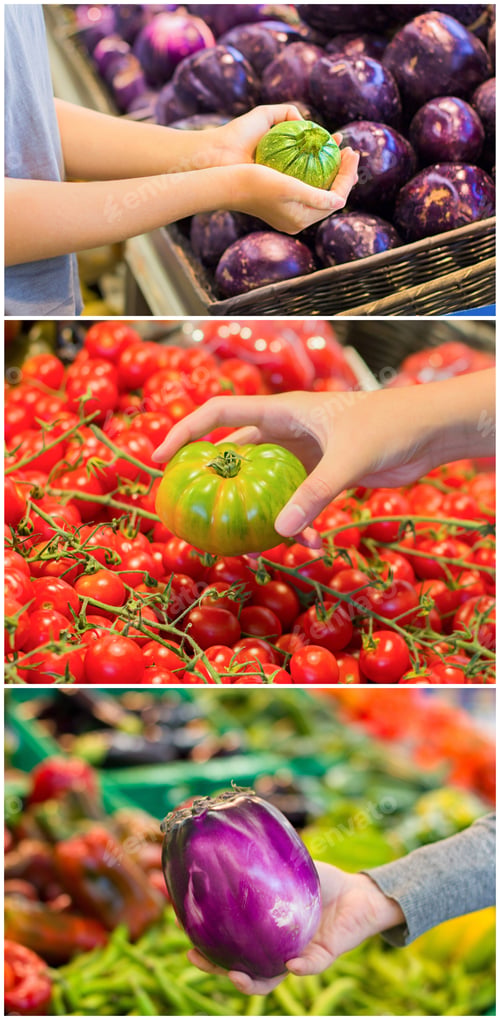 Preview: Collage With Female Hand Who Chooses Vegetables. Concept Of Healthy Food, Bio, Vegetarian, Organic