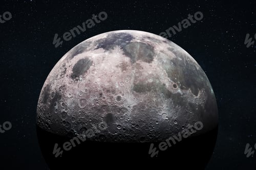 Preview: Space view of the moon’s cratered surface with a star-filled outer space background