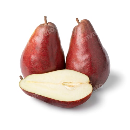 Preview: Whole and half fresh ripe Red Modoc pears on white background