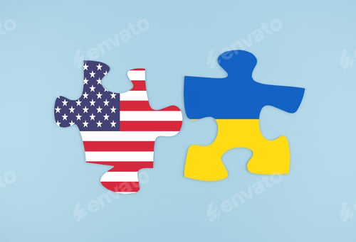 Preview: USA and Ukraine flag on puzzles. Relations between Ukraine and the United States.