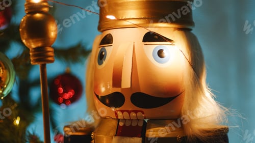 Preview: Christmas tree with golden and red balls in the night and nutcracker