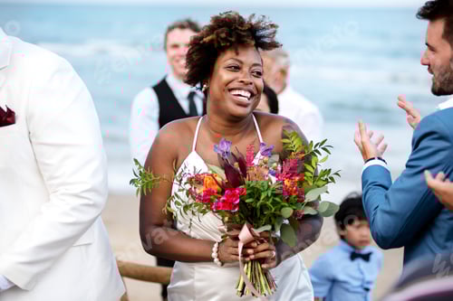 Preview: Happy bride and groom in a wedding ceremony at a tropical island