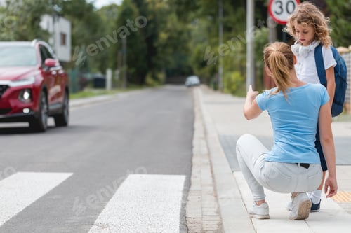 Preview: Young mother squats on the sidewalk and explains to the little boy how to cross the street safely