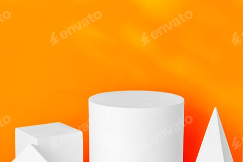 Preview: White geometric shapes on a vibrant orange background with soft shadows in a well-lit indoor setting