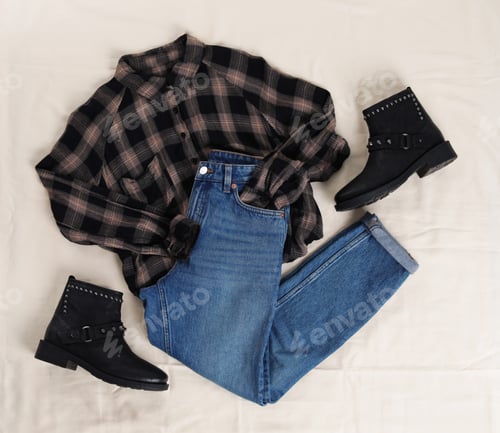Preview: Flat lay composition with jeans, flannel shirt and shoes on white fabric