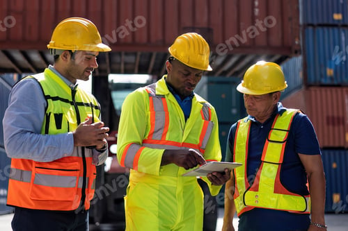 Preview: 3 engineer working in container storage yard talking about quality prepare to delivery