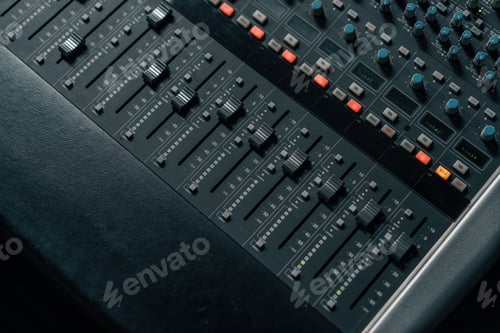 Preview: A recording studio control panel mixer with an equalizer faders buttons for broadcasting a recording