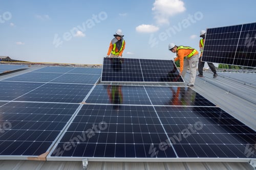 Preview: Men technicians carrying photovoltaic solar moduls on roof.